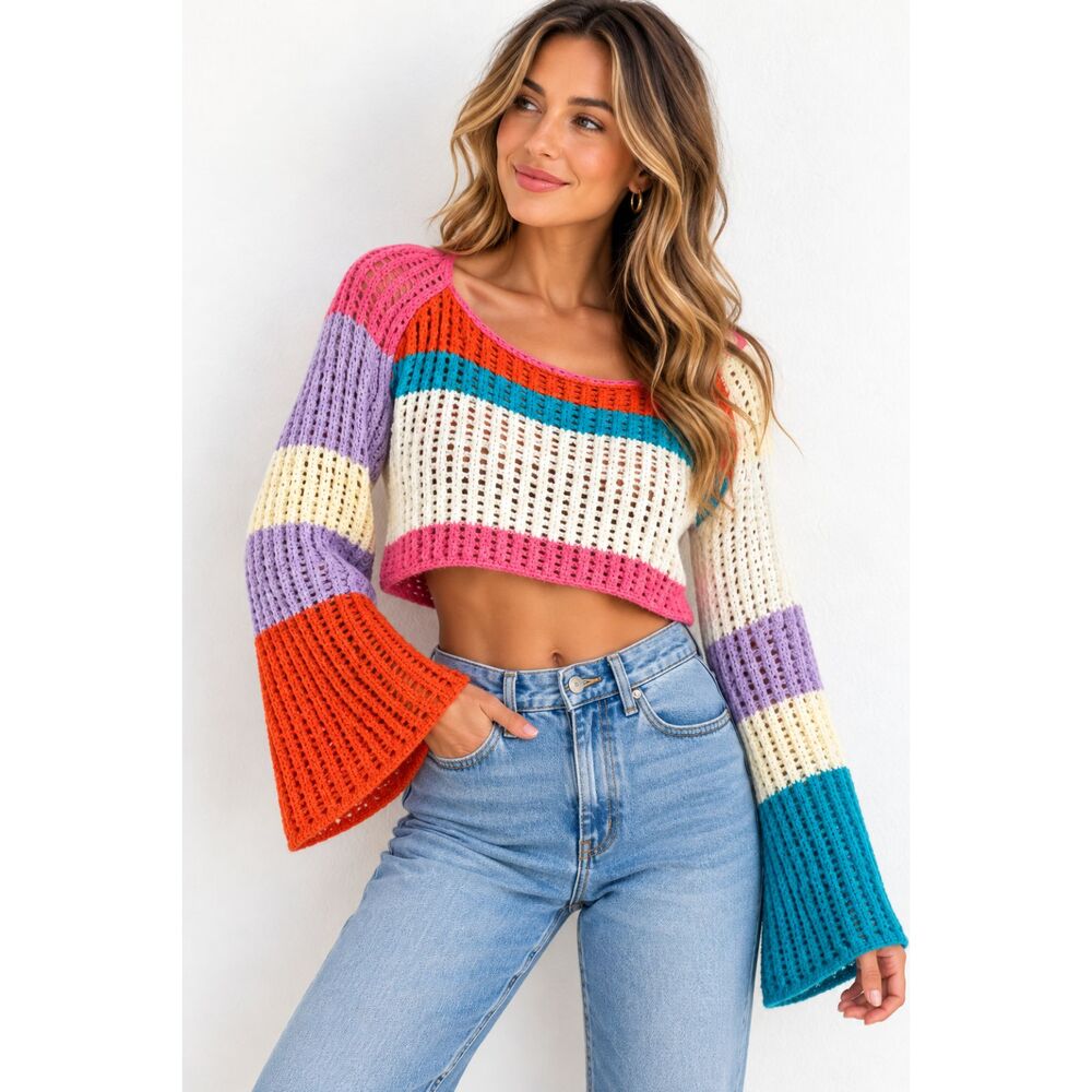 Colorblock Crochet Crop Sweater Women’s M Bell Sleeve Rainbow Y2K Boho